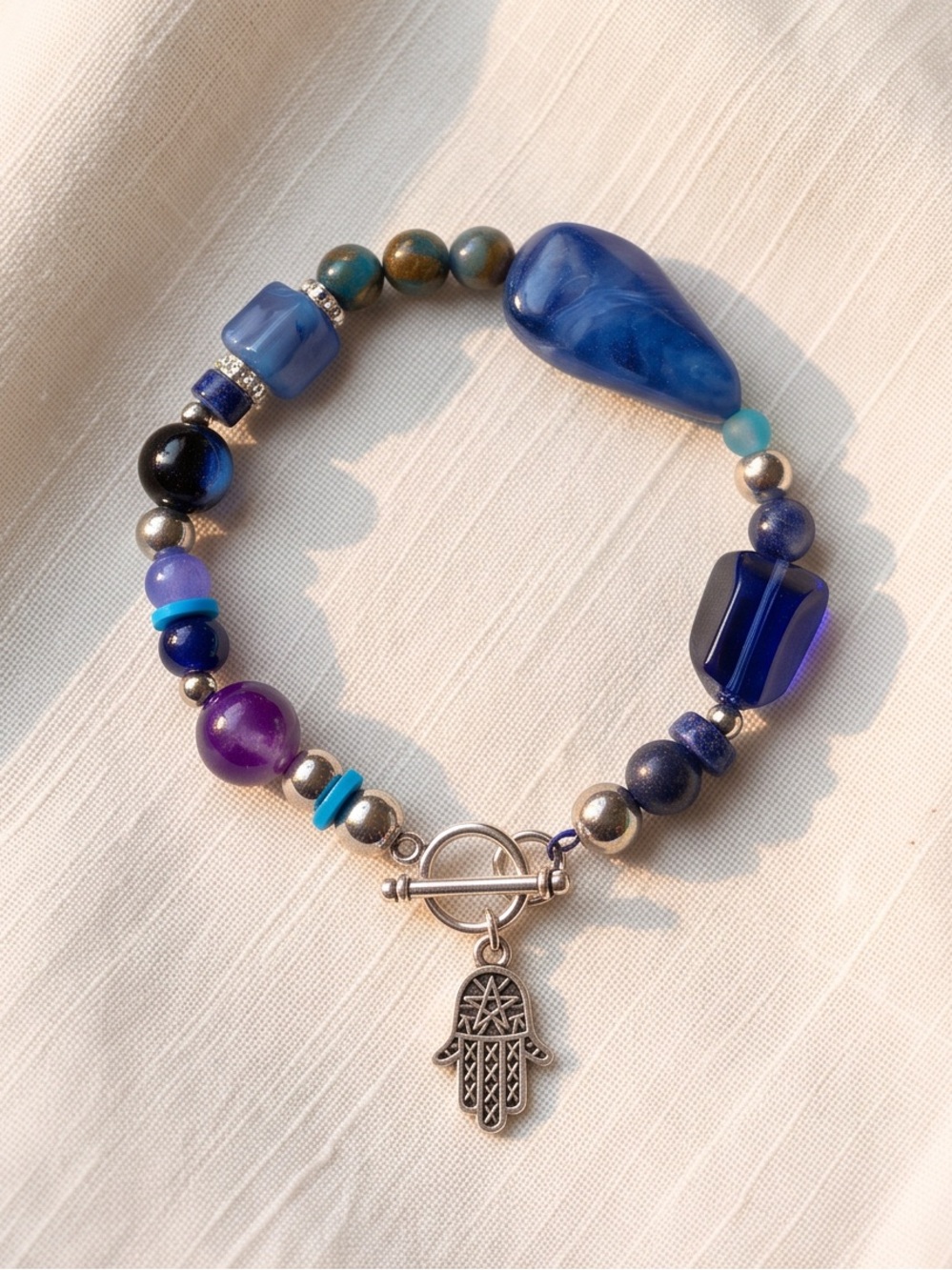 Blue & Purple Beaded Hamsa Charm  bracelet size 7 gemstone
